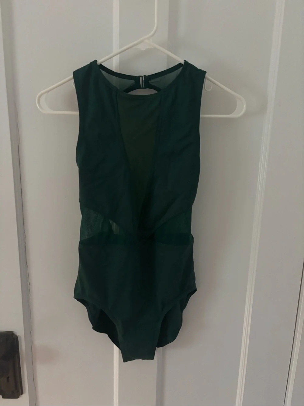 Womens Forest Green Mesh-Accent Leotard